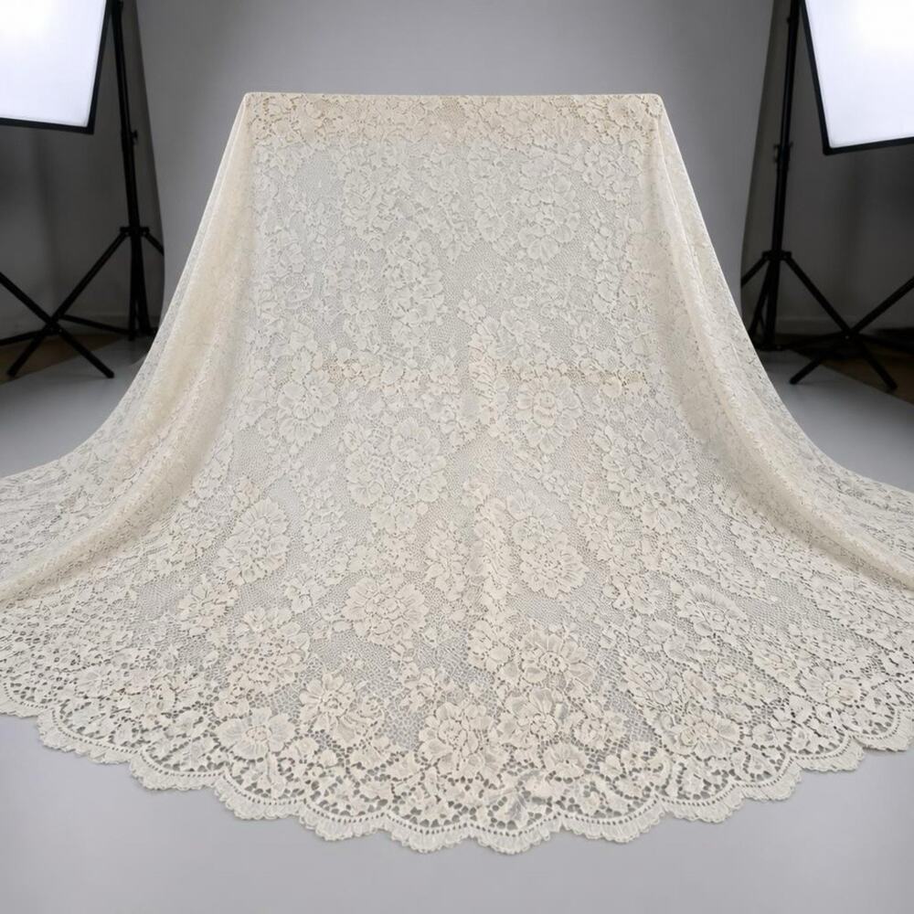 VTG 80s Round Tablecloth Cheesecloth Ivory Floral Lace Retro Cottagehome 60”D